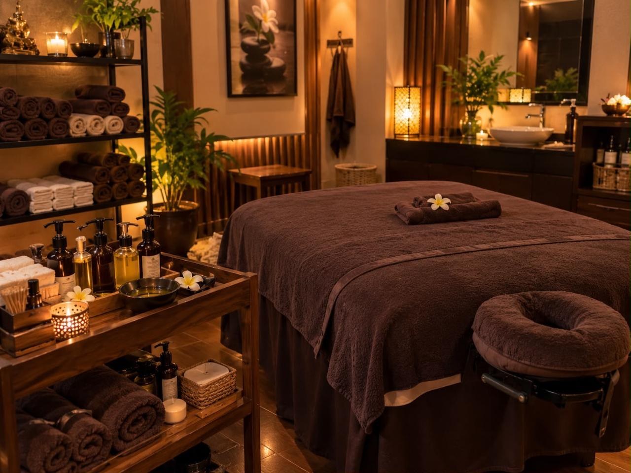Treatment room with massage table, oils and folded towels