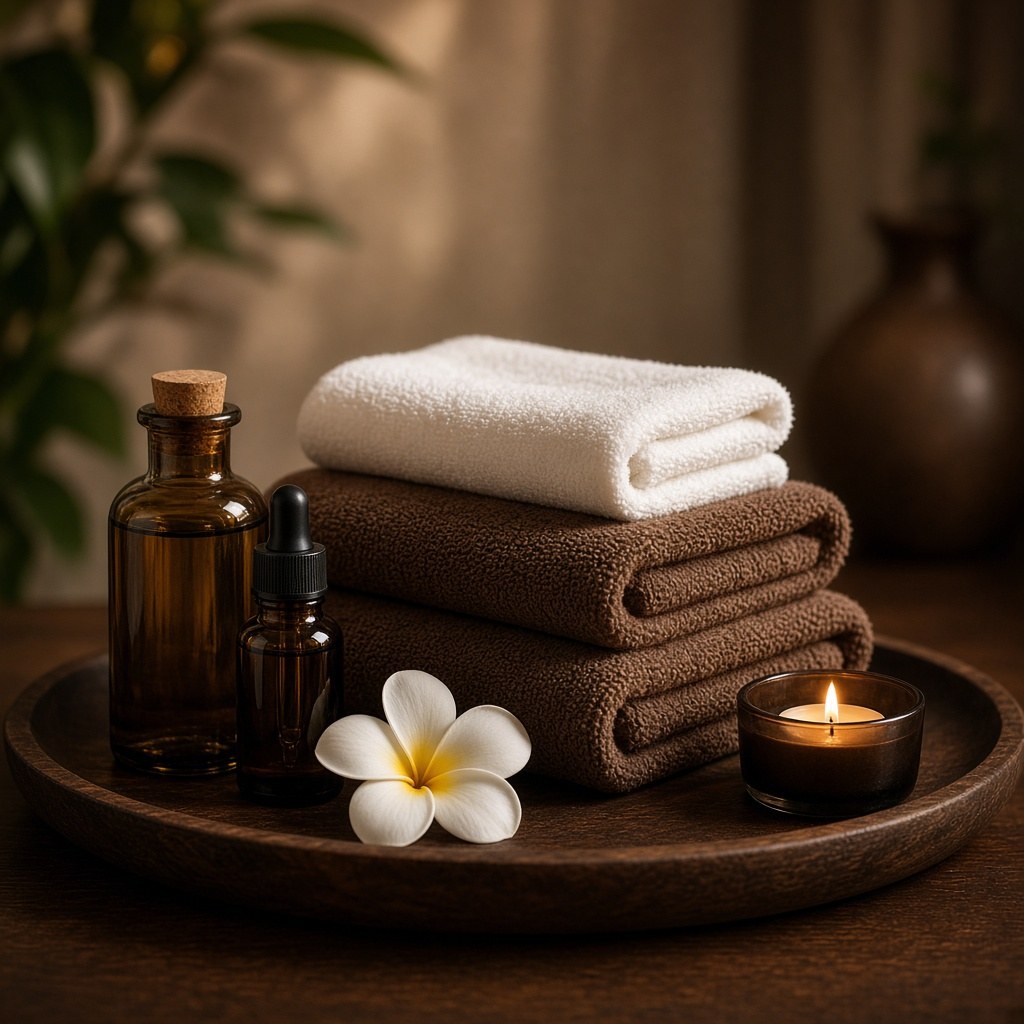 Folded towels, oil bottles and a candle