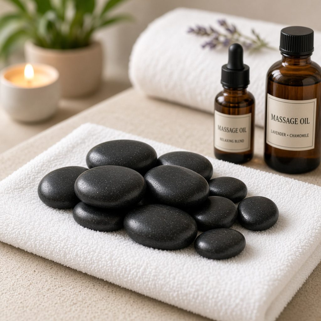 Hot stones arranged for a wellness session